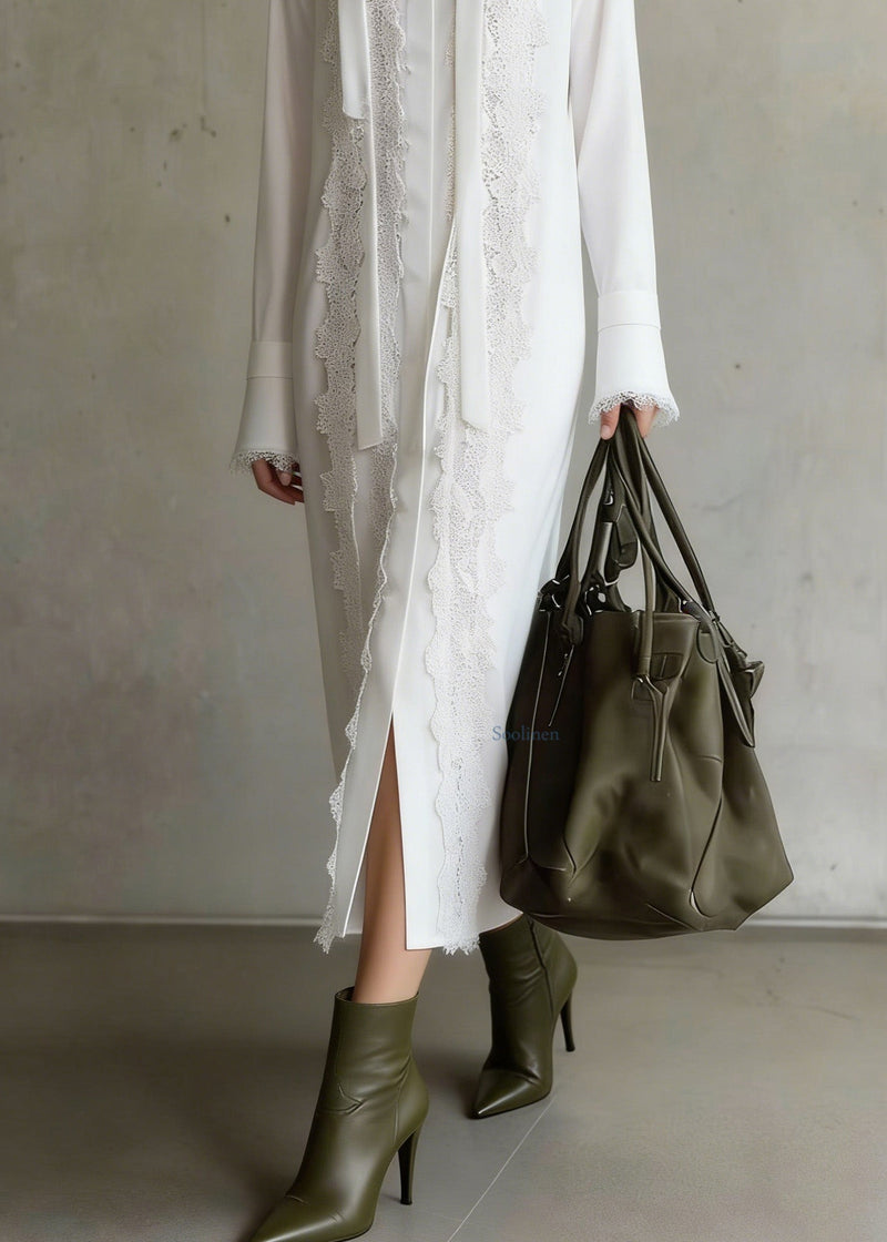 Boutique White Lace Patchwork Chiffon Shirts Dress Spring