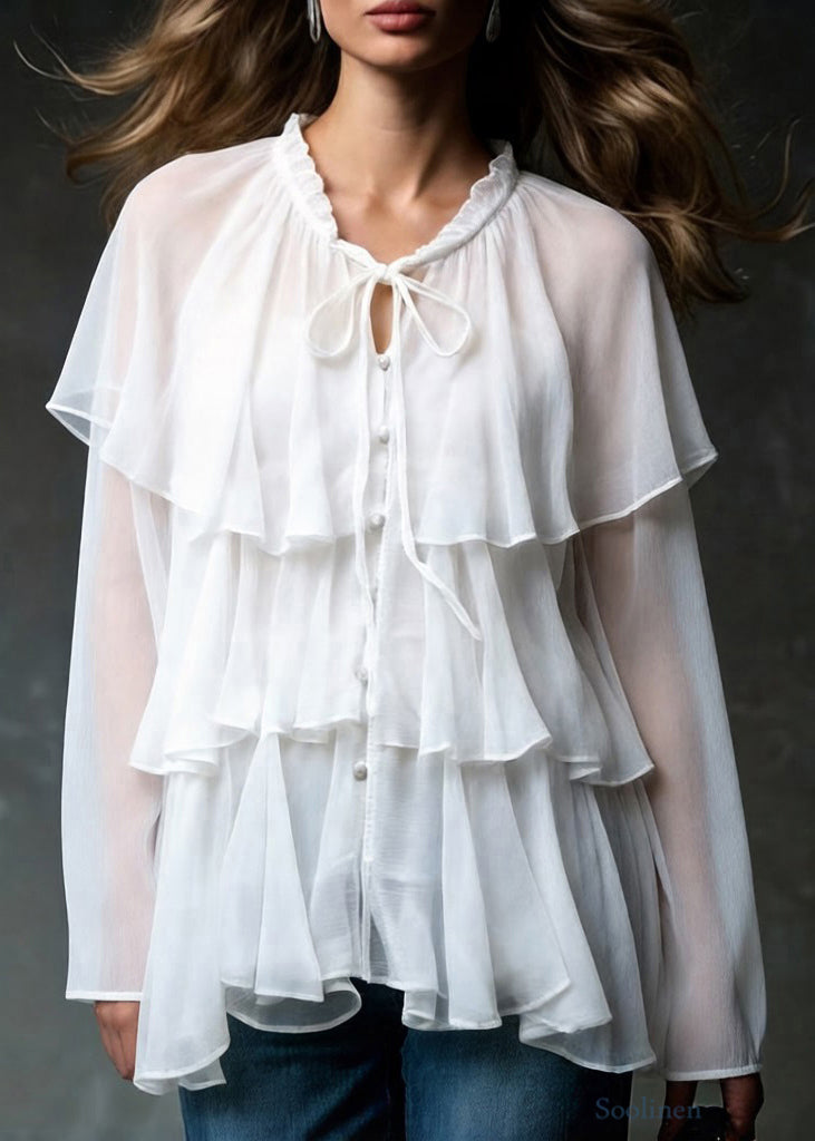 Boutique White Lace Up Ruffled Chiffon Shirt Spring