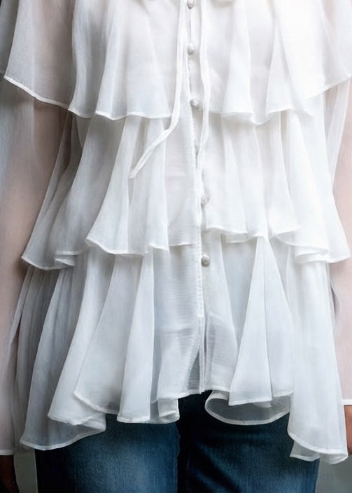 Boutique White Lace Up Ruffled Chiffon Shirt Spring
