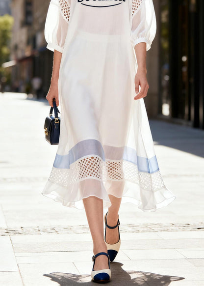 Boutique White O Neck Hollow Out Patchwork Chiffon Dress Summer