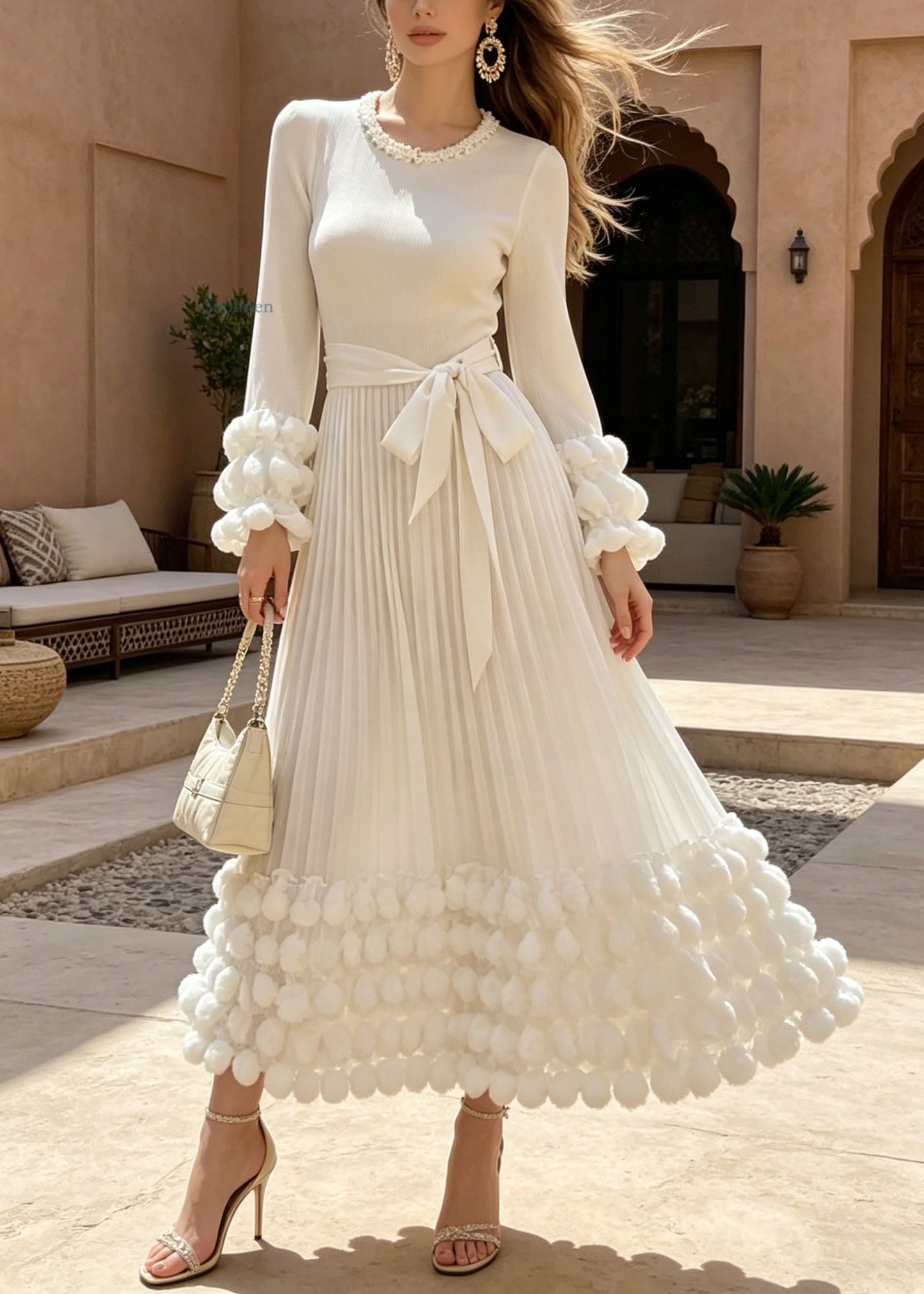 Boutique White O Neck Nail Bead Puff Wrinkled Cotton Dresses Fall