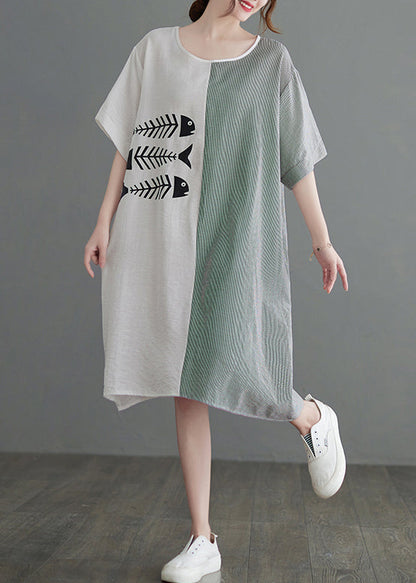 Boutique White O-neck Striped Patchwork Dress Short Sleeve