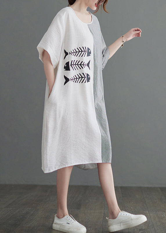 Boutique White O-neck Striped Patchwork Dress Short Sleeve