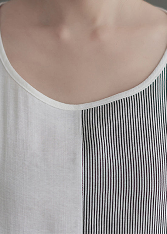 Boutique White O-neck Striped Patchwork Dress Short Sleeve