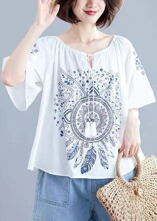 Boutique White O-neck Tie Waist Print Tops Short Sleeve