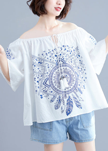 Boutique White O-neck Tie Waist Print Tops Short Sleeve