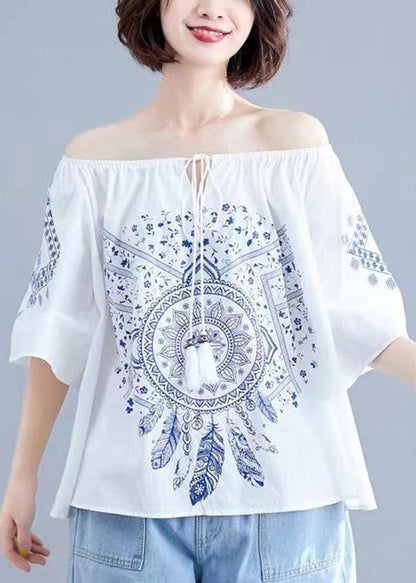 Boutique White O-neck Tie Waist Print Tops Short Sleeve