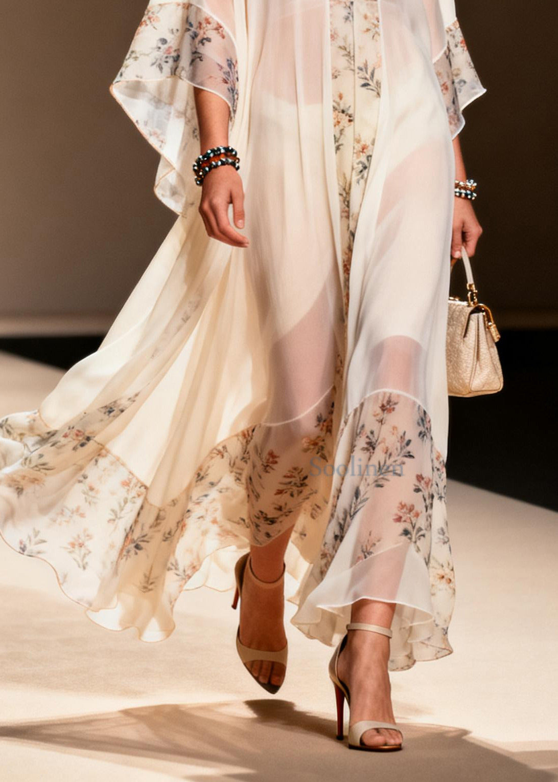 Boutique White Oversized Patchwork Print Chiffon Ankle Dress Summer