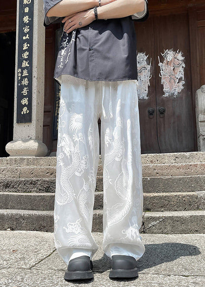 Boutique White Pockets Oriental Print Ice Silk Pants Summer