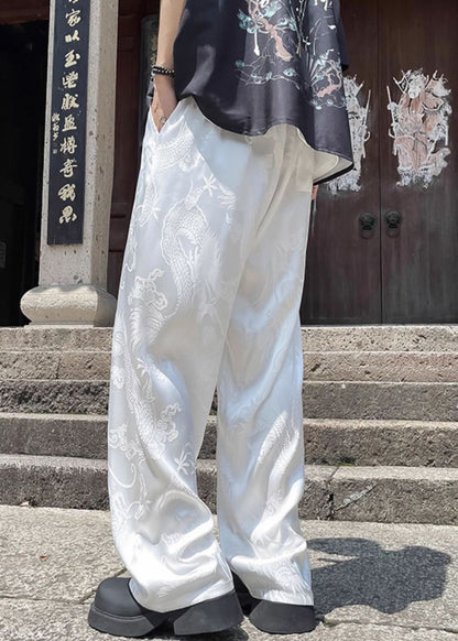 Boutique White Pockets Oriental Print Ice Silk Pants Summer