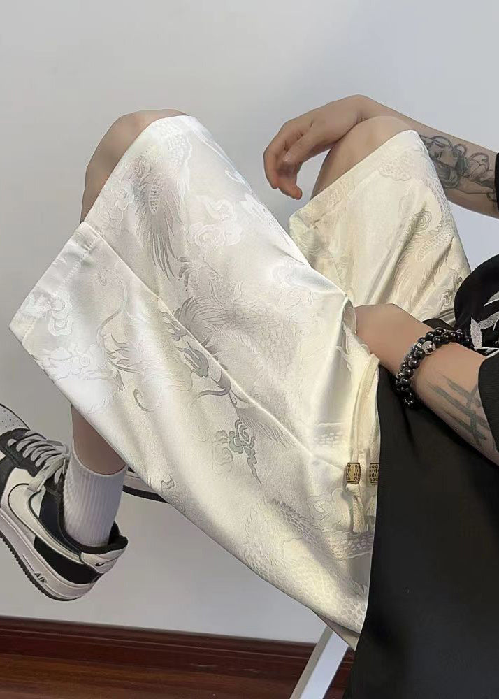 Boutique White Pockets Print Silk Beach Shorts Summer
