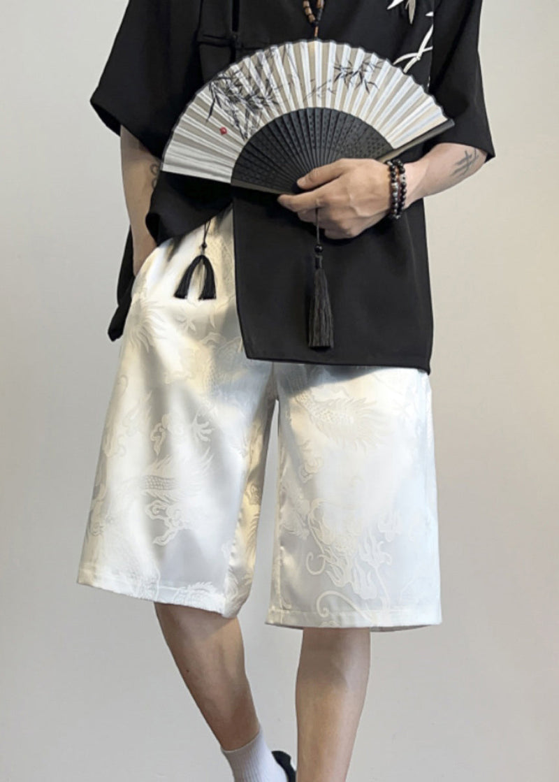 Boutique White Pockets Print Silk Beach Shorts Summer