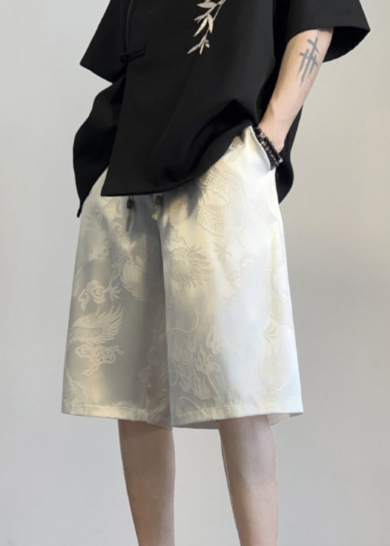 Boutique White Pockets Print Silk Beach Shorts Summer