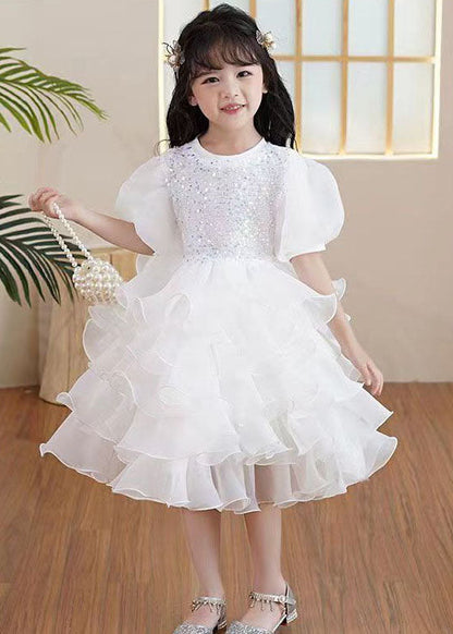 Boutique White Ruffled Sequins Patchwork Tulle Kids Party Dresses Summer