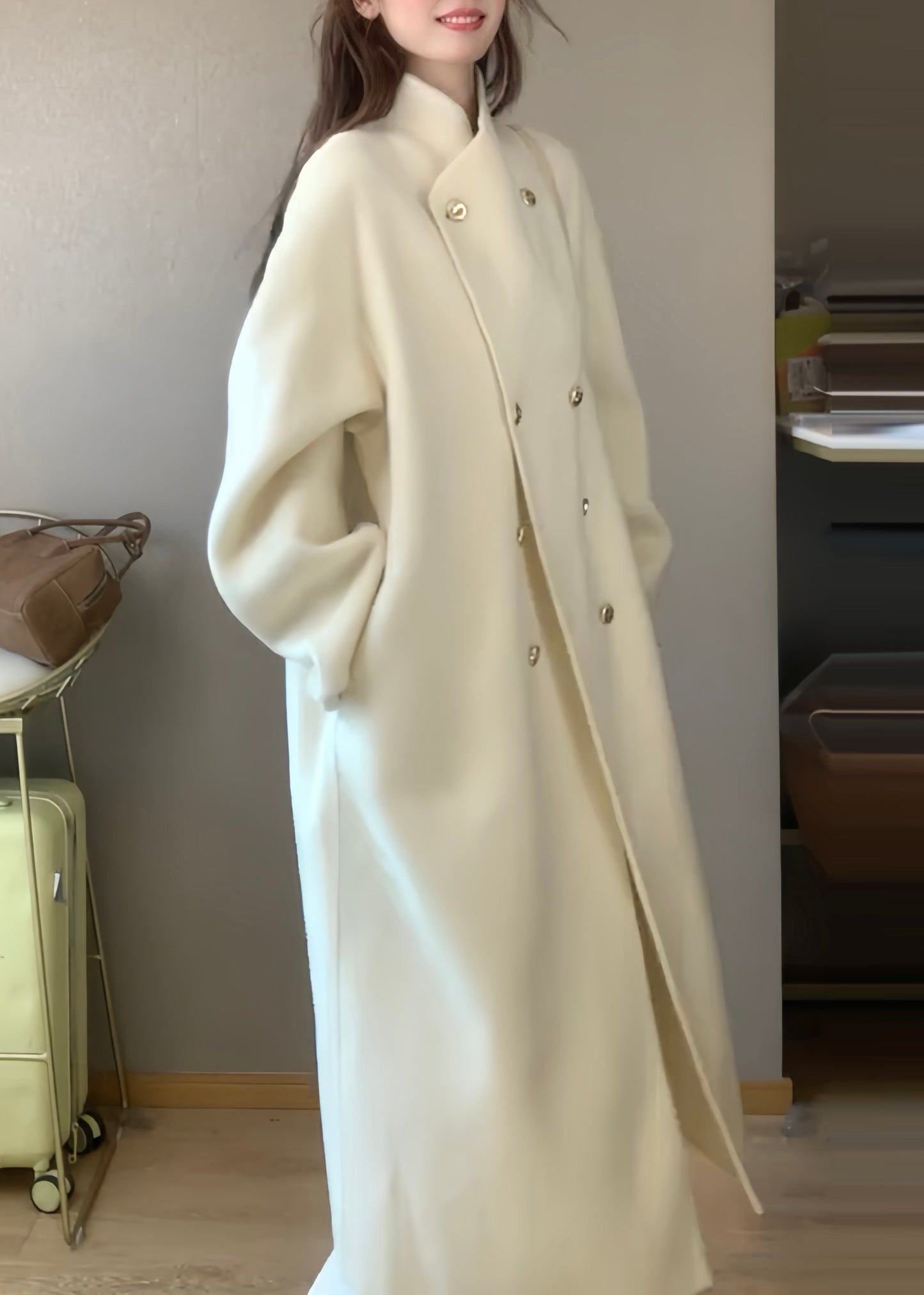 Boutique White Stand Collar Double Breast Woolen Trench Winter