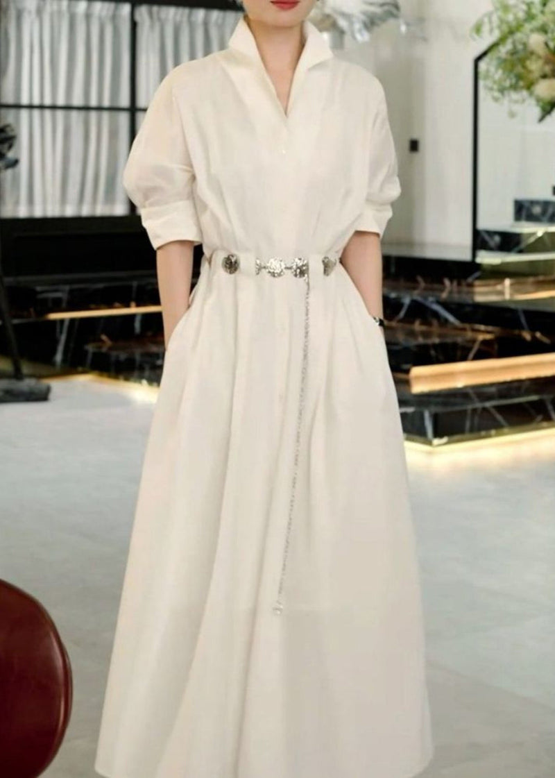 Boutique White Stand Collar Sashes a Line Dress Half Sleeve