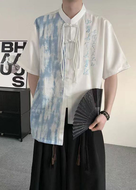 Boutique White Tasseled Embroideried Patchwork Ice Silk Shirts for Summer