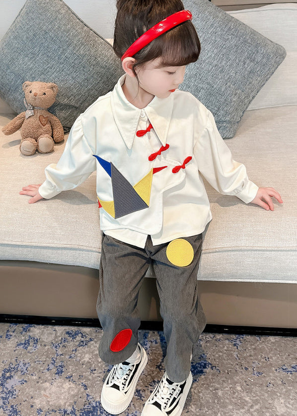 Boutique White Tops and Grey Pants Cotton Kids Two Piece Set Fall