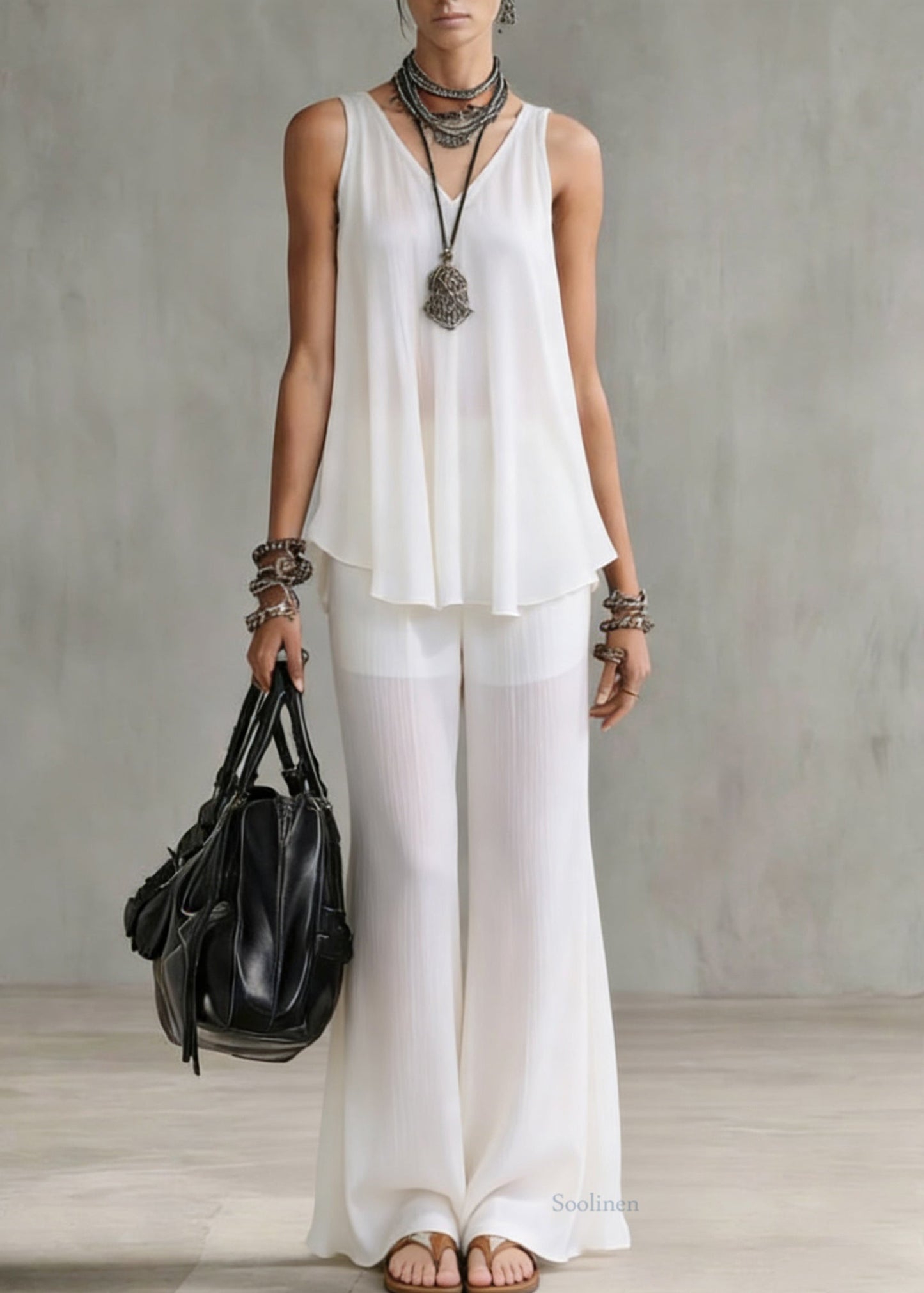 Boutique White V Neck Tops and Wide Leg Pants Chiffon Two Pieces Set Summer