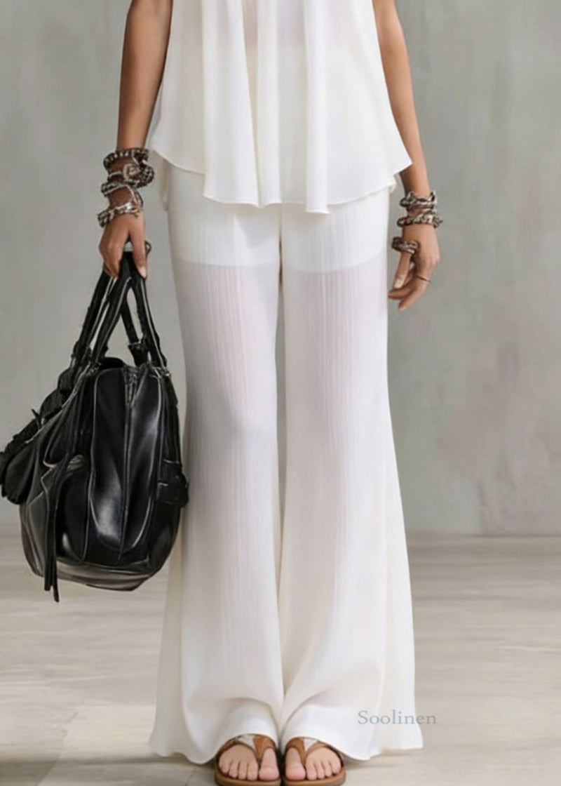 Boutique White V Neck Tops and Wide Leg Pants Chiffon Two Pieces Set Summer