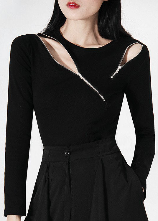 Boutique White Asymmetrical Design Zip Up Tops Spring