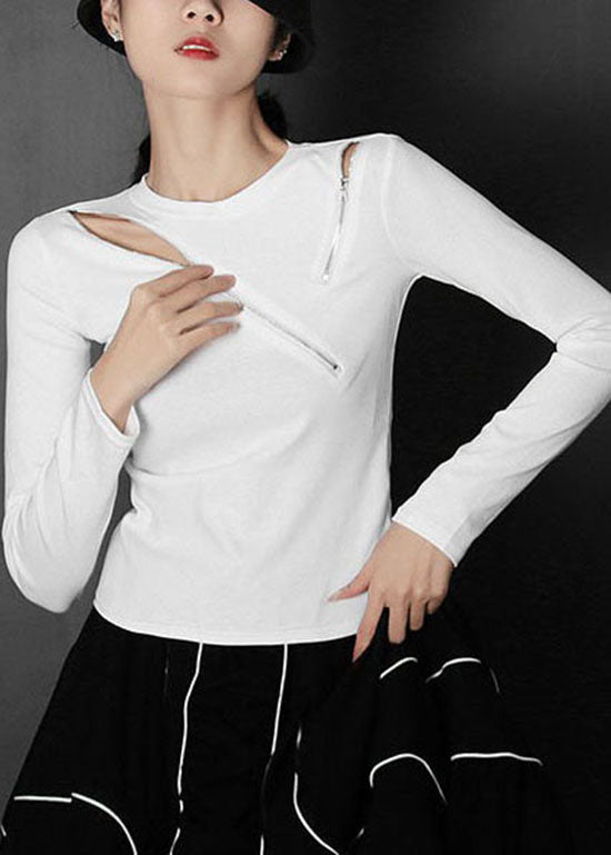 Boutique White Asymmetrical Design Zip Up Tops Spring
