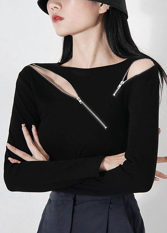 Boutique White Asymmetrical Design Zip Up Tops Spring