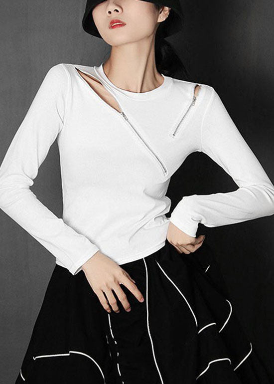 Boutique White Asymmetrical Design Zip Up Tops Spring
