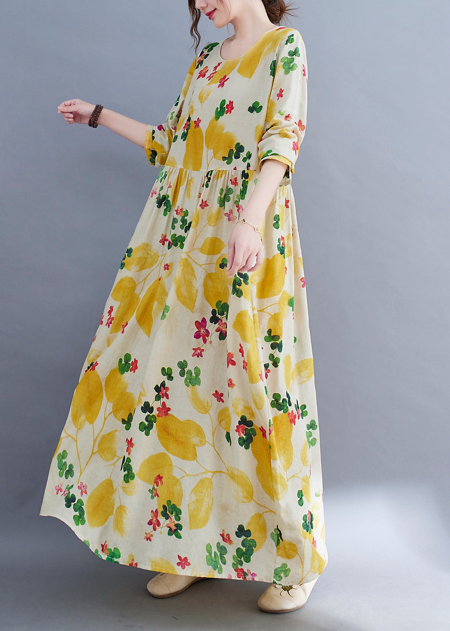 Boutique Yellow O-neck Cinched Pockets Beach Dress Long Sleeve