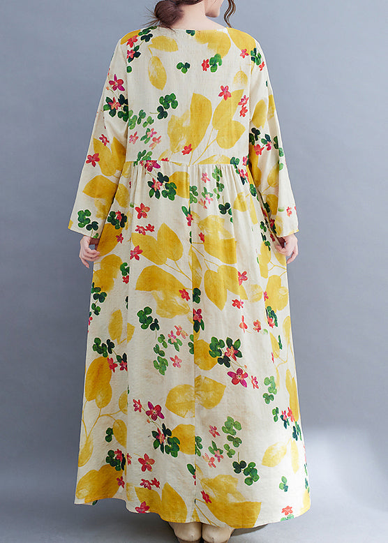 Boutique Yellow O-neck Cinched Pockets Beach Dress Long Sleeve