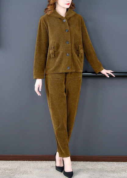 Boutique Yellow Hooded Pockets Corduroy Coats and Pants Two Pieces Set Long Sleeve