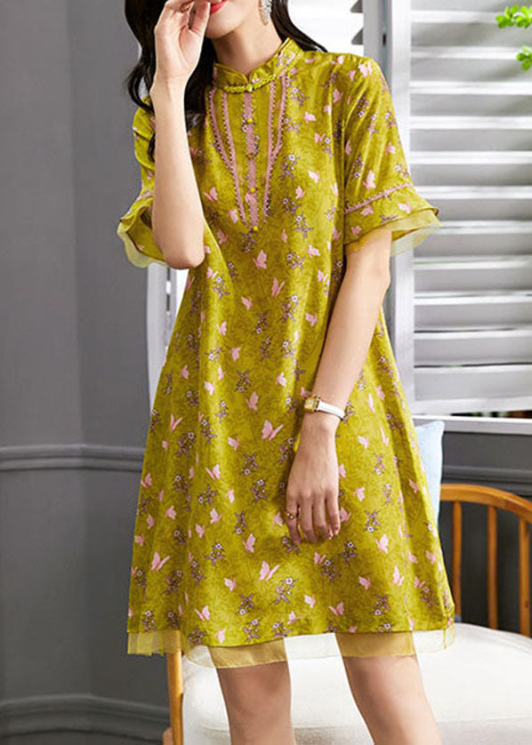 Boutique Yellow Mandarin Collar Print Tulle Patchwork Silk Dresses Flare Sleeve