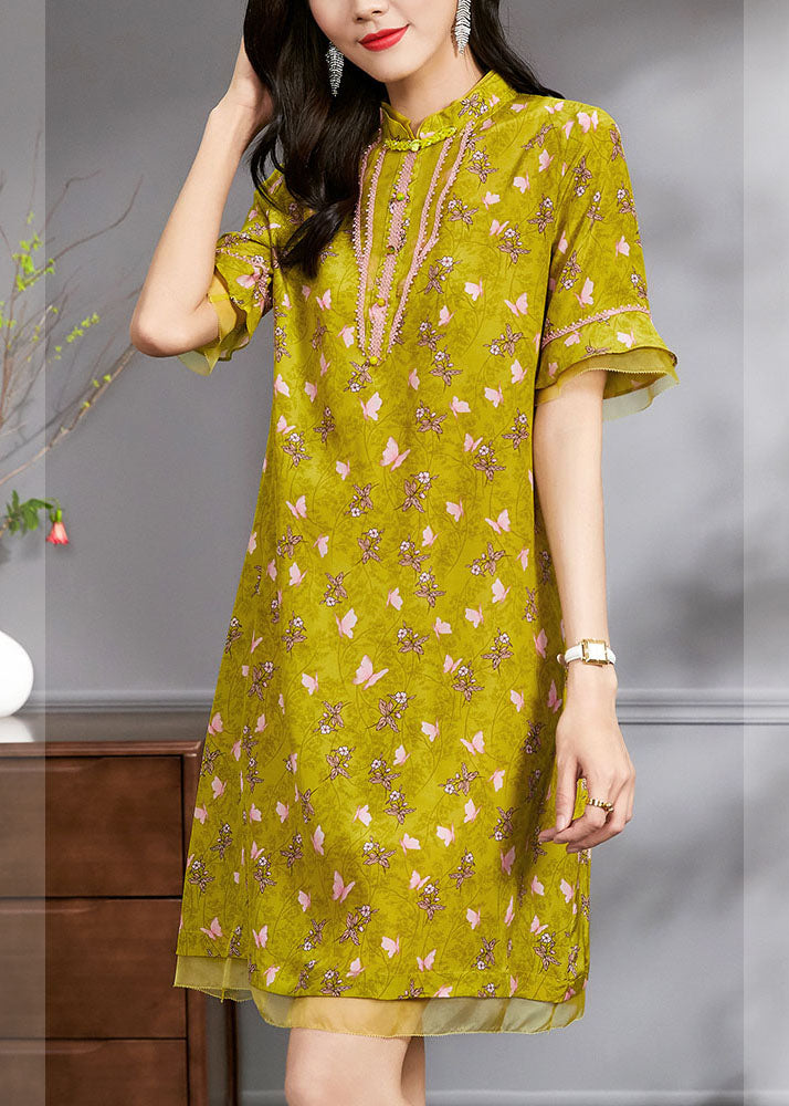 Boutique Yellow Mandarin Collar Print Tulle Patchwork Silk Dresses Flare Sleeve
