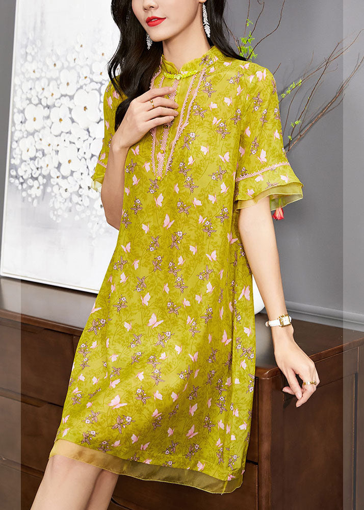 Boutique Yellow Mandarin Collar Print Tulle Patchwork Silk Dresses Flare Sleeve