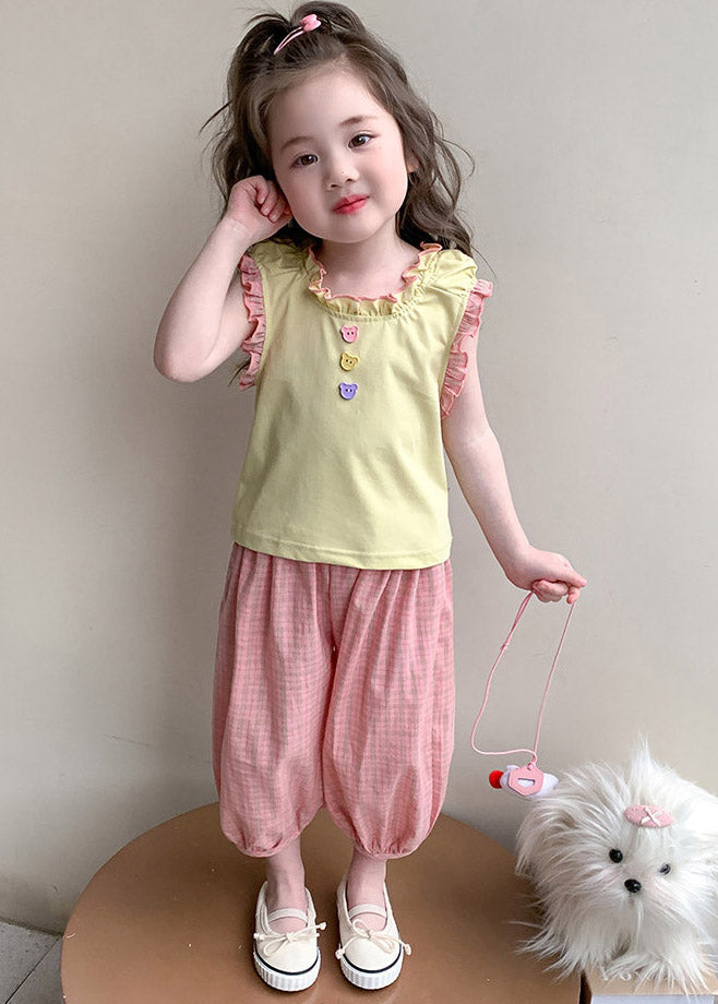 Boutique Yellow O-neck Kids Vest and Lantern Pants Two Piece Set Sleeveless