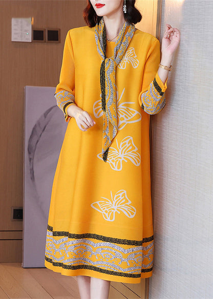 Boutique Yellow O-neck Print Low High Desig Maxi Dresses Long Sleeve