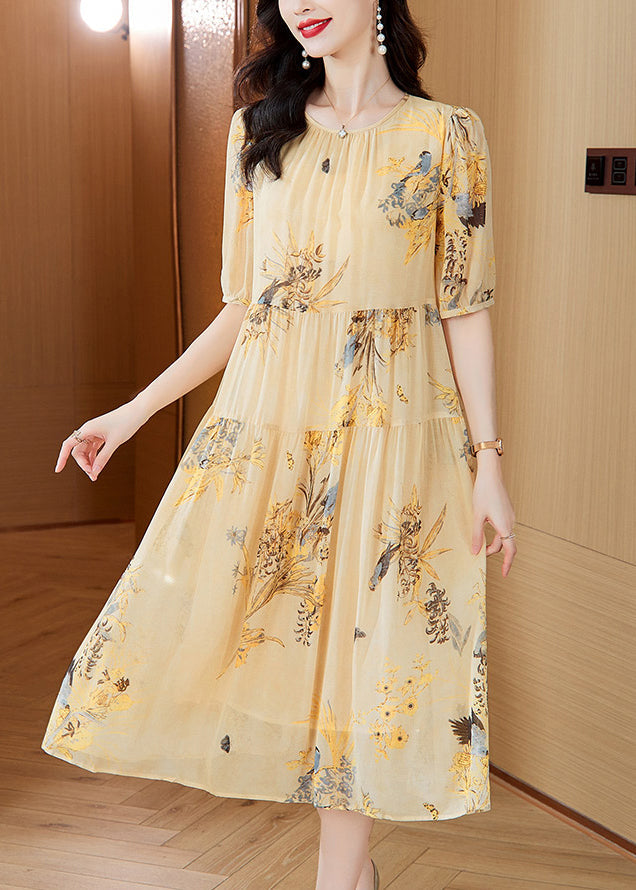 Boutique Yellow O Neck Print Wrinkled Lace Up Silk Dress Summer