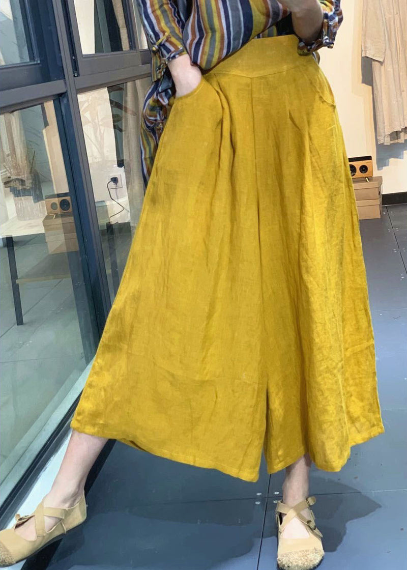 Boutique Yellow Pockets Wrinkled Cotton Pants Spring