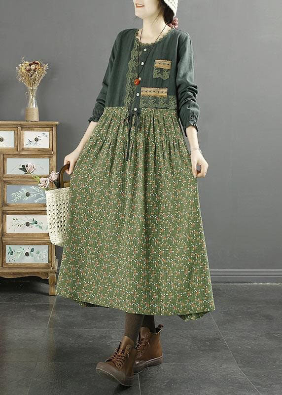 Boutique Yellow Print Drawstring Patchwork Cotton Dress Long Sleeve