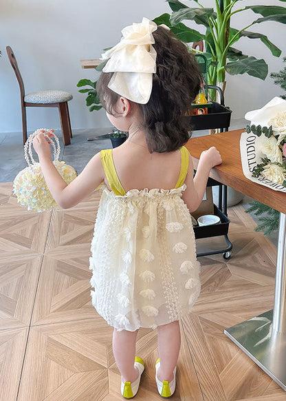 Boutique Yellow Ruffled Bow Patchwork Tulle Kids Long Dress Summer