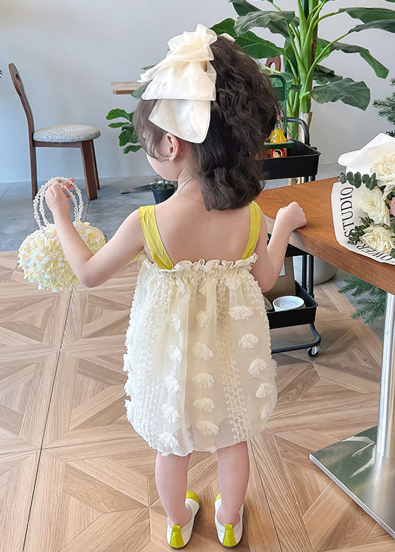 Boutique Yellow Ruffled Bow Patchwork Tulle Kids Long Dress Summer