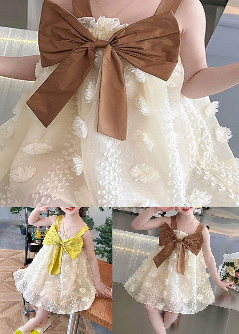 Boutique Yellow Ruffled Bow Patchwork Tulle Kids Long Dress Summer