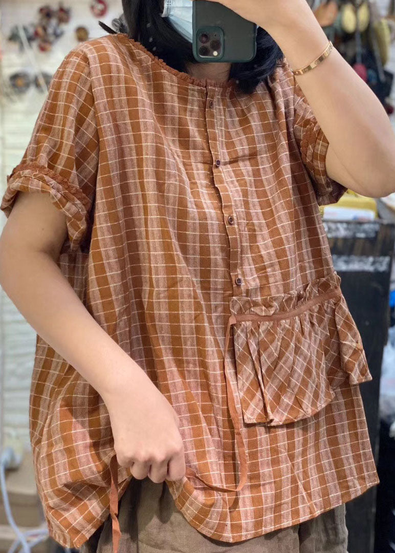 Boutique Yellow Ruffled Loose Plaid Linen Shirt Top Short Sleeve