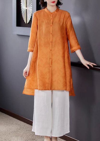 Boutique Yellow Stand Collar Tops and Pants Linen Two Piece Suit Set Spring