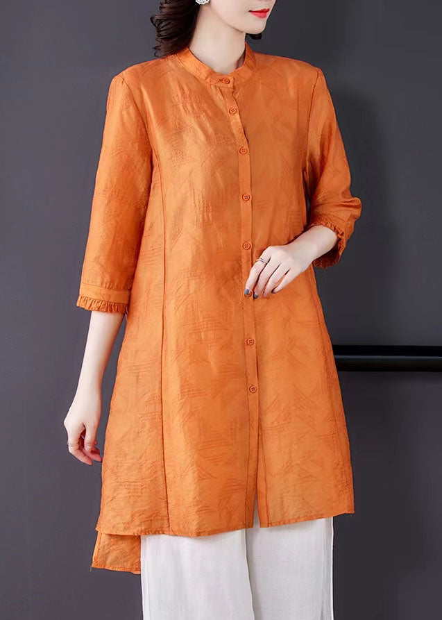 Boutique Yellow Stand Collar Tops and Pants Linen Two Piece Suit Set Spring