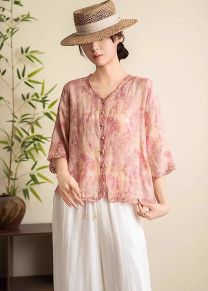 Boutique Yellow V Neck Embroidered Linen Blouses Summer