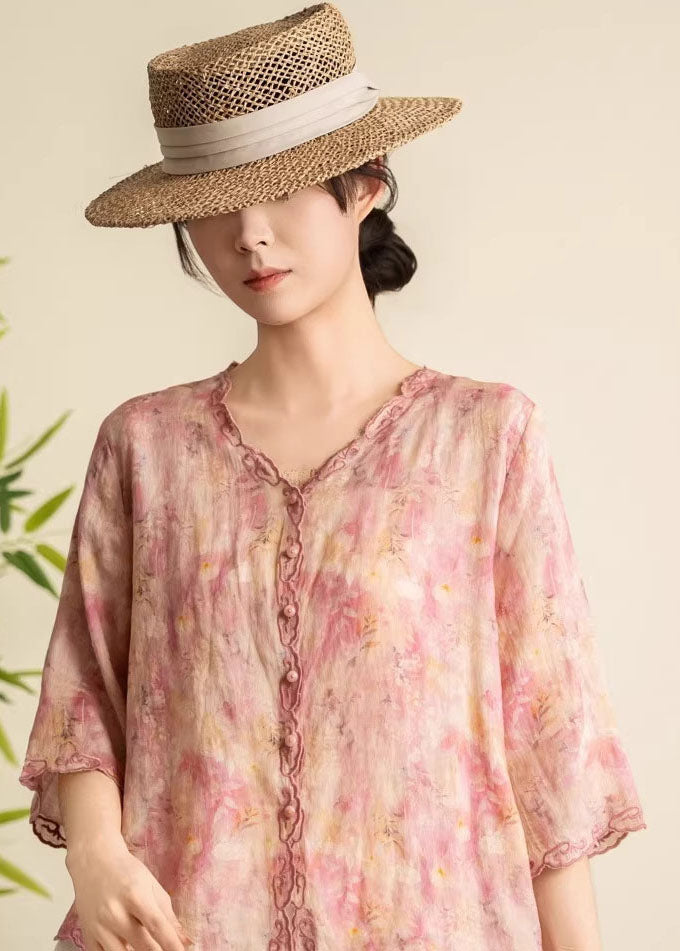 Boutique Yellow V Neck Embroidered Linen Blouses Summer