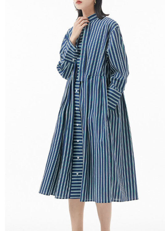 Boutique Blackish Green Stand Collar Wrinkled Striped Shirt Dress Spring