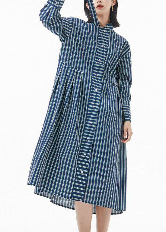 Boutique Blackish Green Stand Collar Wrinkled Striped Shirt Dress Spring