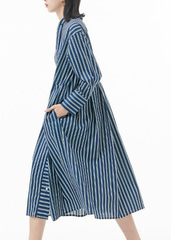 Boutique Blackish Green Stand Collar Wrinkled Striped Shirt Dress Spring